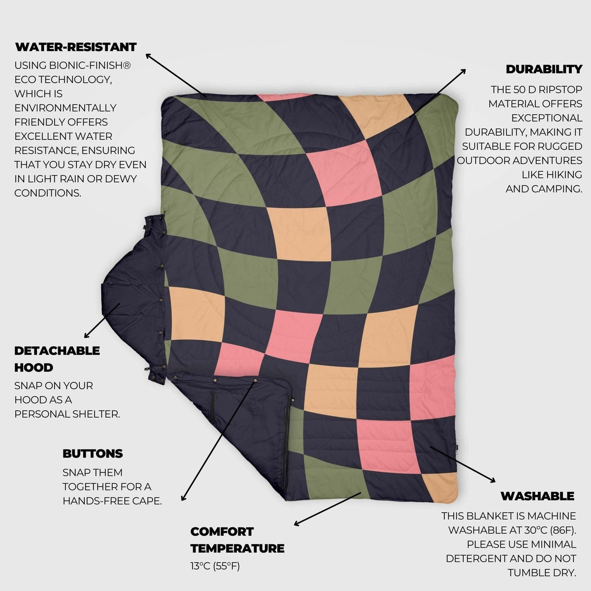 VOITED Recycled Ripstop Travel Blanket - Wavecheck/Graphite Blankets VOITED