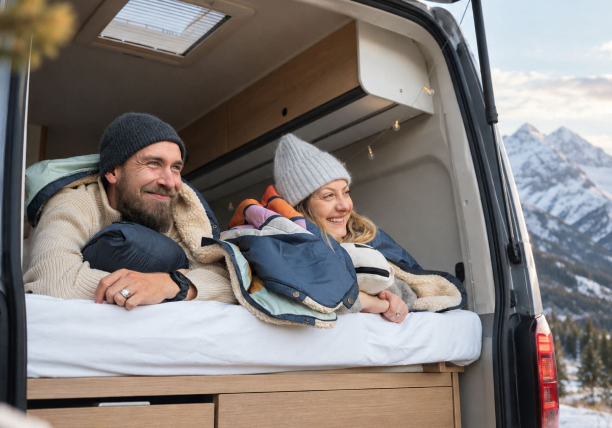 A couple lies cozily wrapped in a VOITED Cloudtouch Blanket in the bed of a campervan, smiling as they look out through the open rear doors at a snow-covered mountain landscape. AI modified